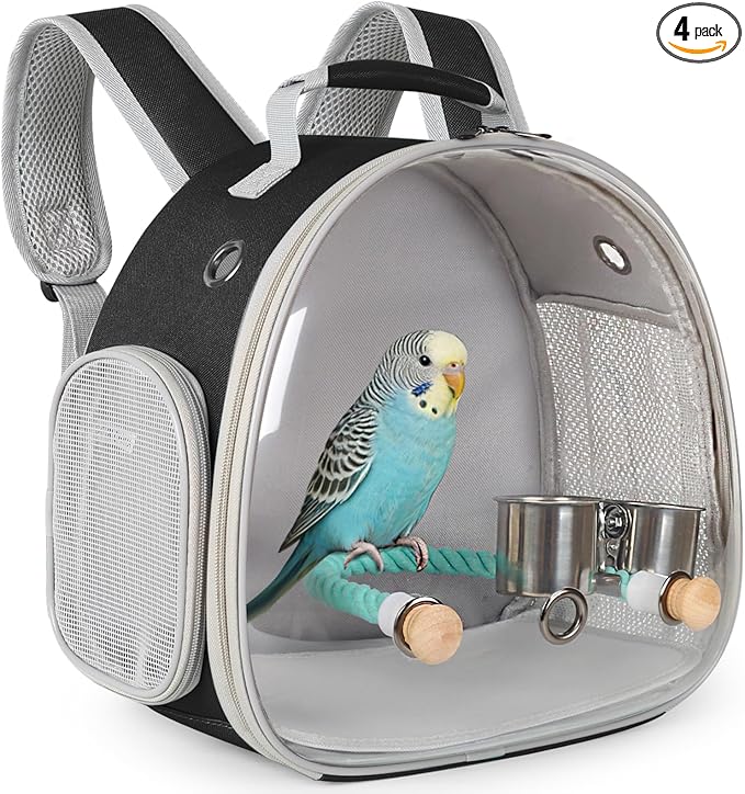 Small Bird Travel Backpack Carrier Cage with Cups, Backpack to Transport Backpack Carrier with Clamp Cups Stand Perch for Parakeet Cockatiel Budgies Vet Carry Book Bag Black