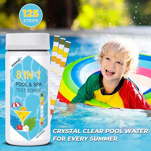 Salt-Water Pool Test Strips Kit: 125 Counts 8-in-1 for Salt Water Pool Testing Kit, Salt Pool Test Strips for Hot Tub Spa Testing Salt Chlorine pH and More