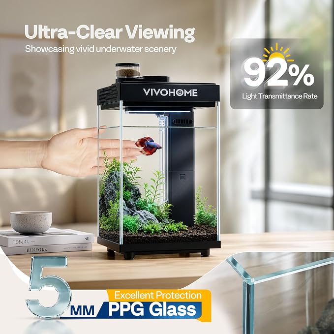 VIVOHOME 2 Gallon Smart Fish Tank with APP Control and Auto Feeder | Aquarium Starter Kit with Filter and Pump, Temperature Display, RGB LED Light, Desktop Nano Aquascape Tank for Shrimp, Betta