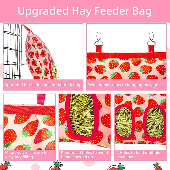 2Packs Large Rabbit Hay Feeder Bag, Upgraded Guinea Pig Hay Feeder with 3 Hooks, Chew Proof Washable Hay Bag for Rabbits Bunny Chinchilla Hamster, Mess Free Grass Holder 2 Holes, 9.8x11.4 Inch