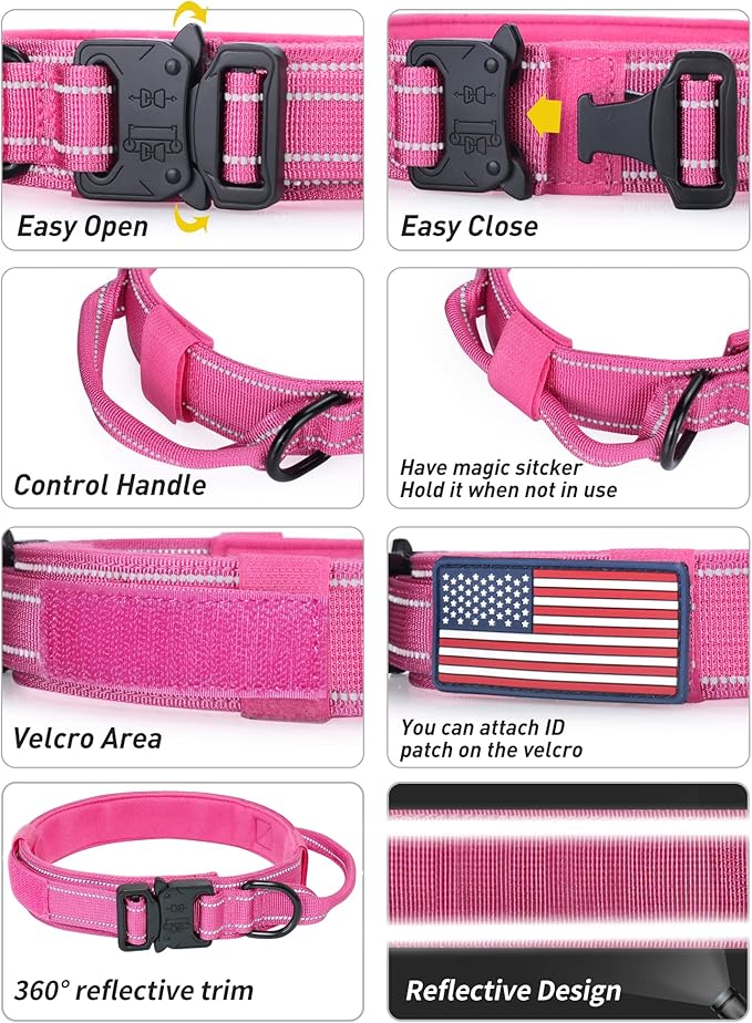 AUBELL Reflective Tactical Dog Collar,Adjustable Military Heavy Duty K9 Collars with Handle and Quick Release Metal Buckle Great for Medium Dogs, with Airtag Case and 2 Patches (Pink,M)