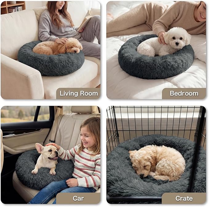 WROS Calming Dog Bed, 24" x 24" x 6" Fits Cat & Dog, Anti-Slip Round Washable Faux Fur for Doze Off, Napping Orthopedic, Dark Grey