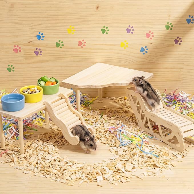 BreezeHug 4 Pcs Hamster Platform Hideout Wooden Tunnel Ladder Playhouse Hamster Game Climbing Toy with Platform Cage Accessories for Pets Dwarf Syrian Mice Degus Gerbils Squirrel(Tunnel)