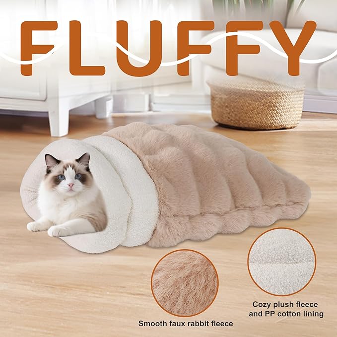 4 in 1 Self Warming Burrow Cat Bed, Pet Hideway Sleeping Cuddle Cave (Style- Camel)