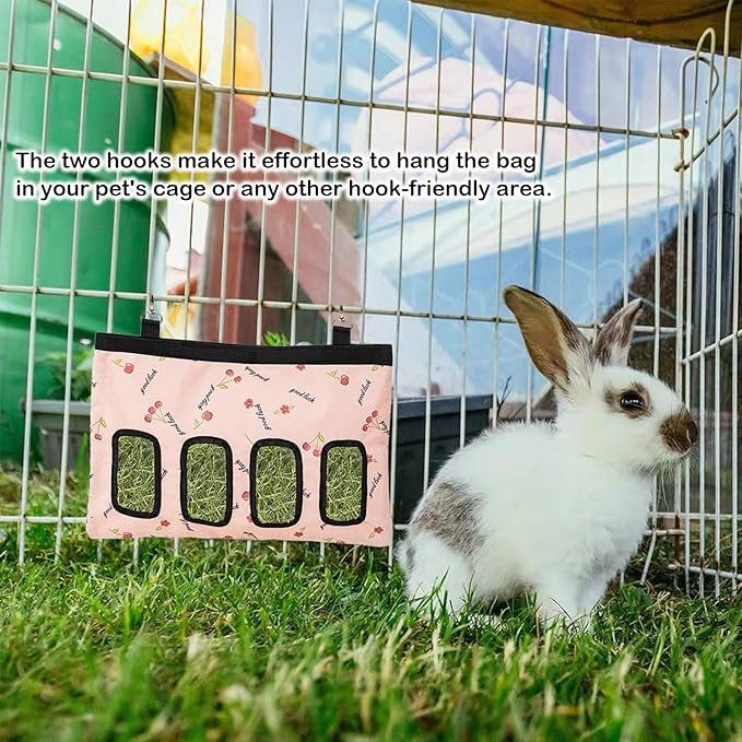 Rabbit Hay Feeder Bag, Large Capacity Rabbit Hay Bag Small Animal Hanging Hay Bag 600D Oxford Cloth Bunny Hay Feeder Bag for Rabbits Guinea Pigs Chinchillas (Pink-4 Holes-1Pcs)