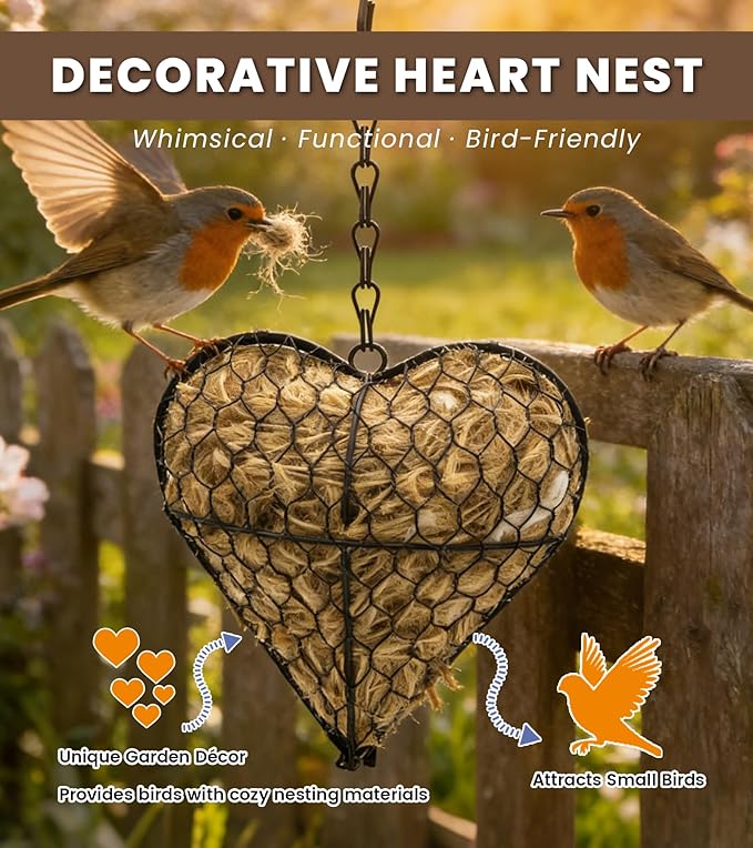 Bird Nesting Heart with Natural Nesting Fibers, Refillable Bird Nesting Material Holder for Hummingbirds, Outdoor Garden Art Decor Gift for Bird Lovers