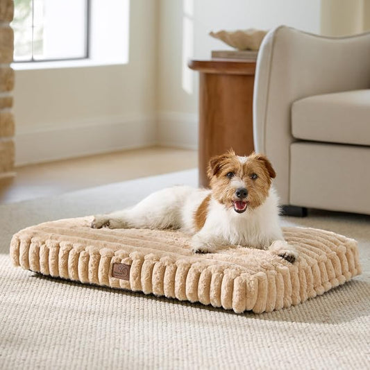 Bedsure ComfyFleece™ Dog Bed Medium Size Dog Crate Pillow 30x20 Sandy Beige | Aesthetic Crate Bed for Balanced Support Cute Chopped Foam Pad with Removable Washable Cover Non-Slip Waterproof Cozy Pet Mat