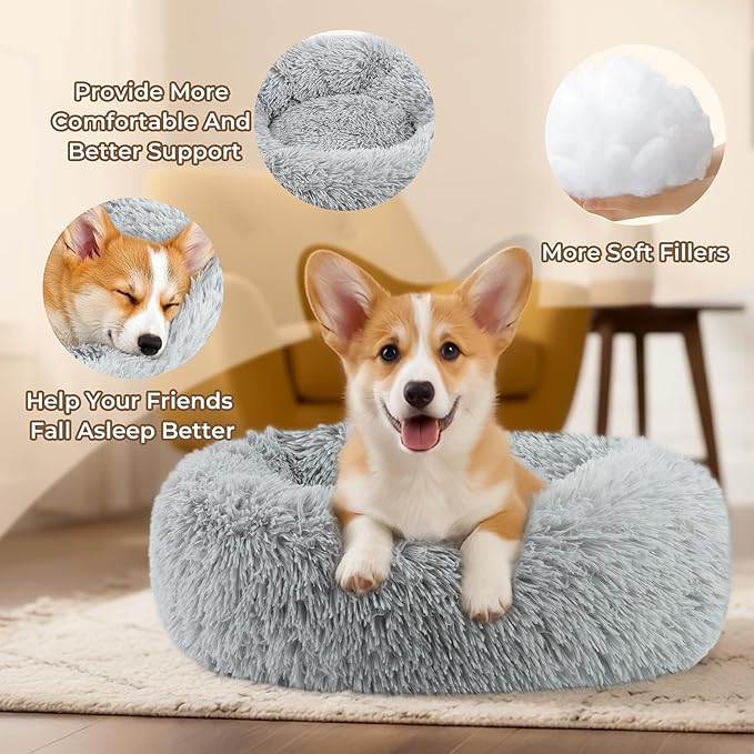 Calming Anti-Anxiety Donut Dog and Cat Bed for Indoor Cats, Round Fluffy Soft Washable Small Medium Pet Bed for Puppy and Kitten, Warming Comfortable Luxury Anti-Slip Waterproof Mute Base 24in Gray