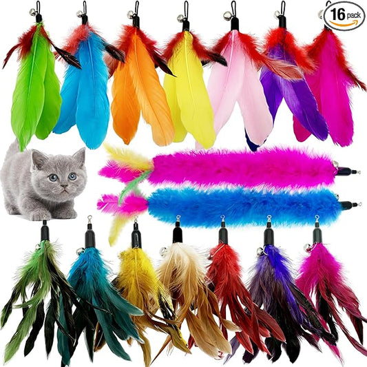 Cat Feather Toys Refill, 16 Pieces Cat Wand Replacement Feathers Toy for Indoor Cats