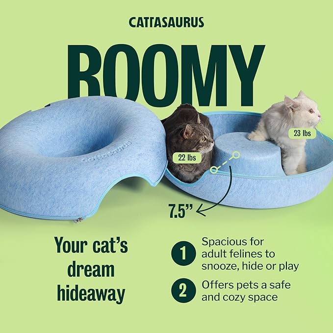 Cattasaurus Peekaboo Cat Cave Donut for Multiple & Large Cats up to 30-45 lbs, 3-in-1 Self Warming Cat Bed, Tunnel & Scratcher for Indoor Cats, Washable & Detachable Small Dog Bed (Blue, Large)