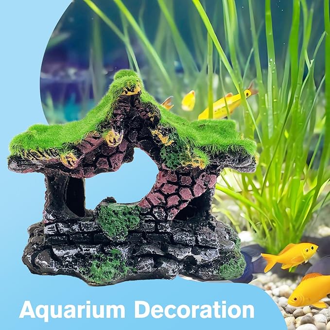 Hamiledyi Resin Hollow Hideout House for Aquarium Decoration Fish Tank Accessories Betta Cave with Lifelike Moss for Shrimp Fish Shelter