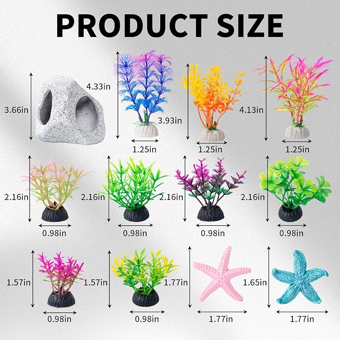 12 PCS Aquarium Decoration Cave Set, Ceramic Fish Tank Hideaway Rock | Colorful Plastic Aquarium Plants & Resin Starfish, Small Fish Tank Ornaments for Pet Fish to Hideout and Rest