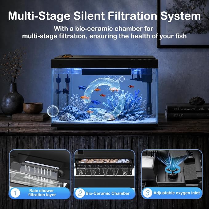 Vehipa Smart Fish Tank, 5 Gallon Aquarium Kit Ultra-White Glass | with App Control, Heating, Multi-Filtration System, Auto Feeder, 8-Color LED Light