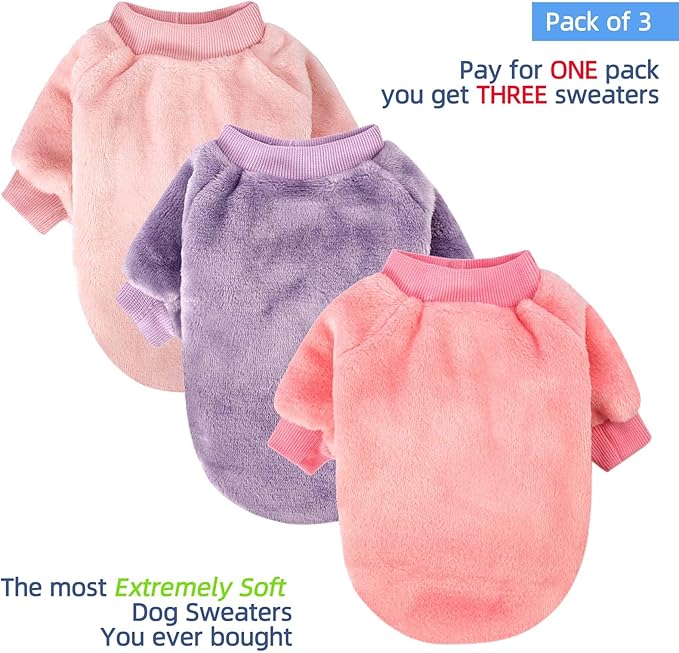 FabriCastle Dog Sweaters, 3-Pack Dog Clothes for Small Dogs Girl & Cats, Soft and Warm Pet Coats XXS - XXL, Winter Pet Jackets, Doggy Apparel Costumes, Puppy Outfits (Pink,Purple,Light Pink, Medium)