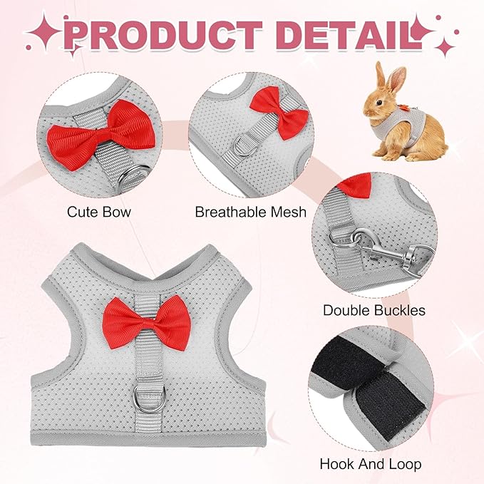 Rabbit Harness and Leash, Small Pet Cute Vest Harness Leash Soft Adjustable Buckle Breathable Mesh (M, Gray) for Bunny Kitten Small Pig Puppies Camping Hiking Training