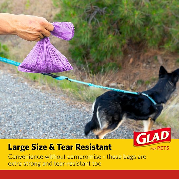Glad for Pets Scented Dog Waste Bags, Tear-Resistant Pet Poop Pick-up Bags with Leak Protection, Fresh Lavender Scent, Fun Purple Bag Designs, 6 Rolls, 90 Bags Total