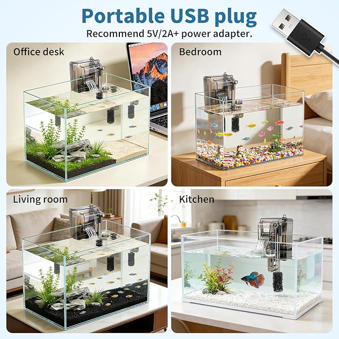 Small Fish Tank Filter for 3-5 Gallon Aquarium, USB Powered Quiet Hang On Back Filter with Upgraded 3-Stage Filtration System (Sponge & Quartz Balls), Adjustable Flow & Extra Media Set Included