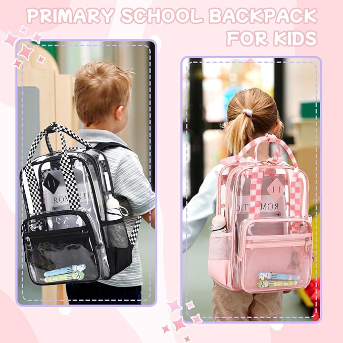 MOONBABY Small Clear Backpack for School Transparent Bookbag for Kids Heavy Duty PVC See Through Backpack Stadium Approved
