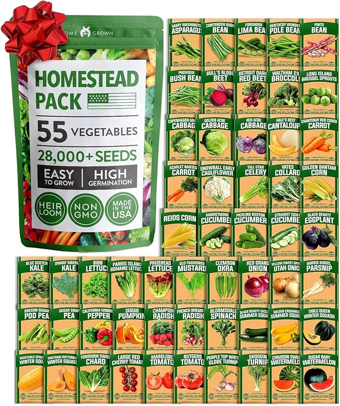 HOME GROWN 55 Variety Survival Seed Vault 28,000+ Heirloom Non-GMO Vegetable Seeds for Planting, High Germination, Emergency Food Supply,Year-Round Garden Starter Kit,Gift for Gardeners (55 Varieties)