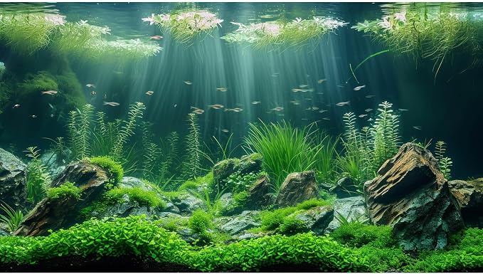 Aquarium Background Underwater Grass Leaves with Stone Aquarium Backdrop Vivid and Fresh Green Aquatic Plant Stone River Bed and Lake Fish Tank Background Decor Vinyl 24x16in