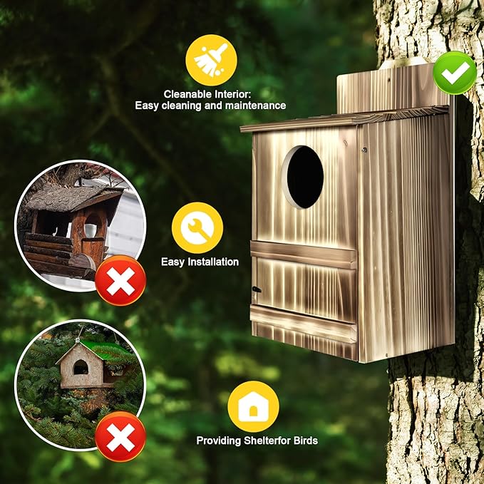 2 Pack Round Owl Houses, Bird Houses for Outside, Wooden Owl Nest Box Large Opening Screech Outdoor Bird's Box, for Wildlife Screech, Barred, Great Horned, Barn Owls, Assembly Required