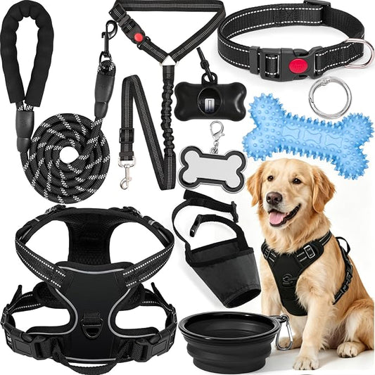 No Pull Dog Harness Adjustable Collar & Leash Set - Dog Halter Harnesses Collapsible Bowls & Poop Bag Dispenser Muzzle ID Tags Toys Fits Small Medium Large Dogs (Black-L)