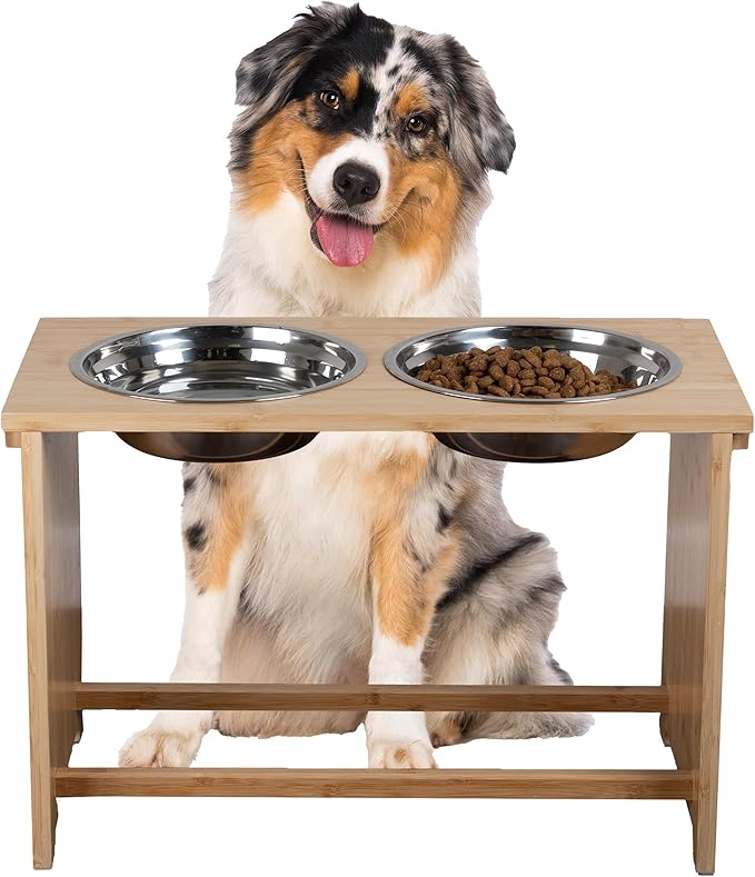 Elevated Dog Bowls - 15-Inch Tall Bamboo Raised Dog Bowl Stand with Nonslip Feet - Comes with Two 60oz Removable Dishwasher Safe Stainless Steel Pet Bowls - Puppy Essentials by PETMAKER