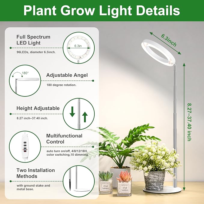 Hywyimlait 6.3" Indoor Plant Growth Lights, Full Spectrum Plant Growing Lights, 8.2"-37.4" Height Adjustable Desk Grow Lamp with Base and Ground Stake, Auto Timer 4/8/12/18H, 3 Light Modes, 10 Dimming