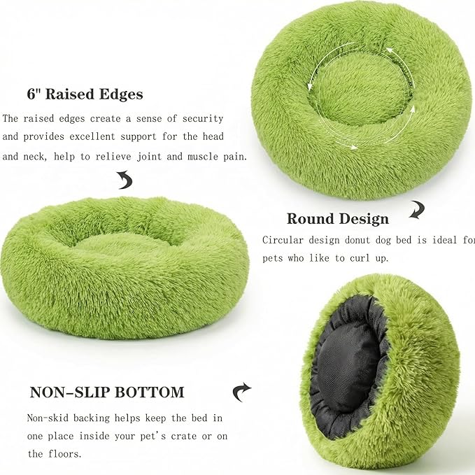 Calming Donut Dogs Beds for Small Dogs Washable,23inch Plush Round Pet Bed for Cozy Sleep,Fluffy Faux Fur Large Cat Bed,Fits up to 25 lbs Pets,Green