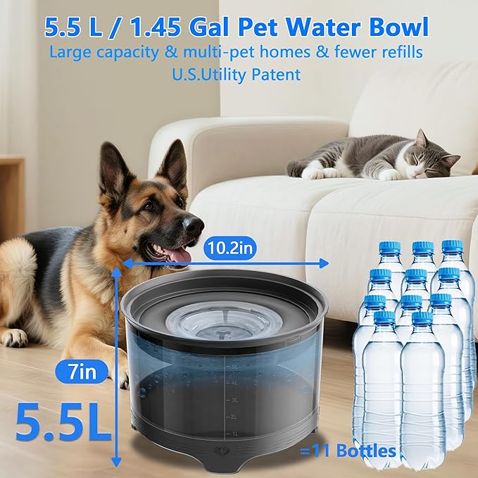 5.5L No Spill Water Bowl for Dogs, 1.45Gallon No Splash Large Dog Water Bowl with Floating Disk, Spill Proof Slow Drinking Dog Bowl for Messy Drinkers and Senior Dogs Indoor/Outdoor Use Gray