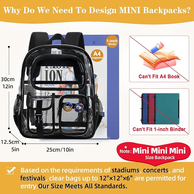 Mini Clear Backpack for Stadium Approved 12x6x12, Small Transparent Backpacks Plastic See Through Clear Bag for Kids Girls Women for Sporting Event, Concerts, Work, Festival (Black)