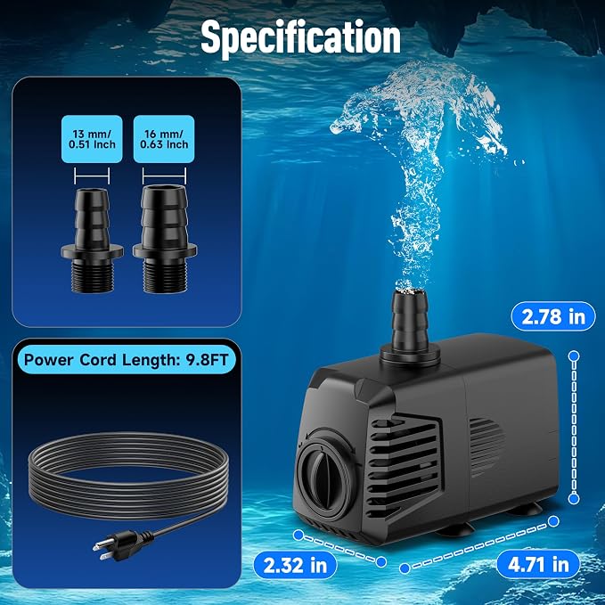 200GPH Submersible Water Pump, Water Fountain (700L/H, 12W) with 5.9FT High Lift Adjustable & 3 Nozzles & 9.8FT Cord, Ultra Quiet Aquarium Pump for Pond Fountain Waterfall Hydroponics-Q102
