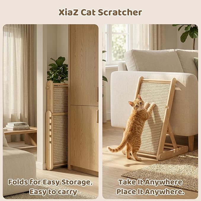 XiaZ Cat Scratcher, 23" Sisal Cats Scratching Board with 5 Adjustable Heights, No Assembly Required, Foldable Cat Scratchers for Indoor Cats and Kittens, Ready to Use