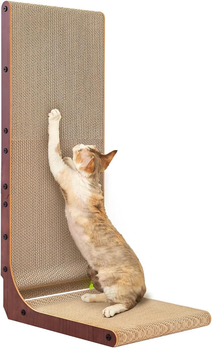 EHEYCIGA Cardboard Cat Scratcher for Indoor Cats, 32 Inch L Shaped Vertical Cat Scratching Board with Ball Cat Toy, Extra Large Cat Scratcher Pad, Dark Brown