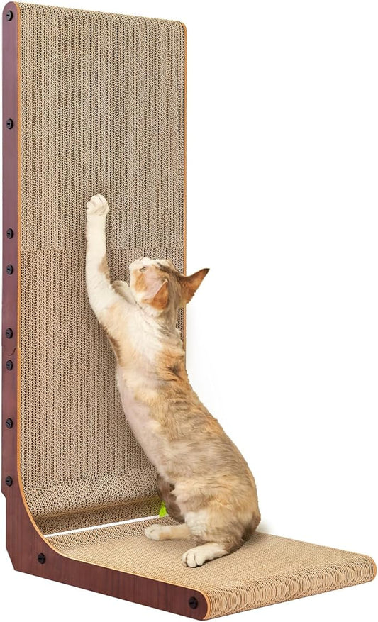 EHEYCIGA Cardboard Cat Scratcher for Indoor Cats, 32 Inch L Shaped Vertical Cat Scratching Board with Ball Cat Toy, Extra Large Cat Scratcher Pad, Dark Brown