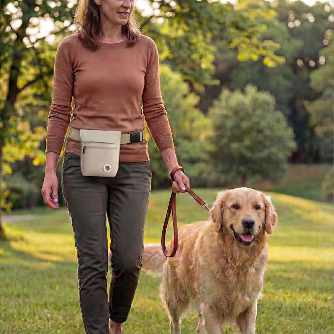 Dog Treat Pouch and Dog Training Clicker, Treat Bag with Poop Bag Dispenser, Powerful Magenetic Clasp, Metal Clip Waist Belt Fanny Pack for Pet Walk Dog Training (White)