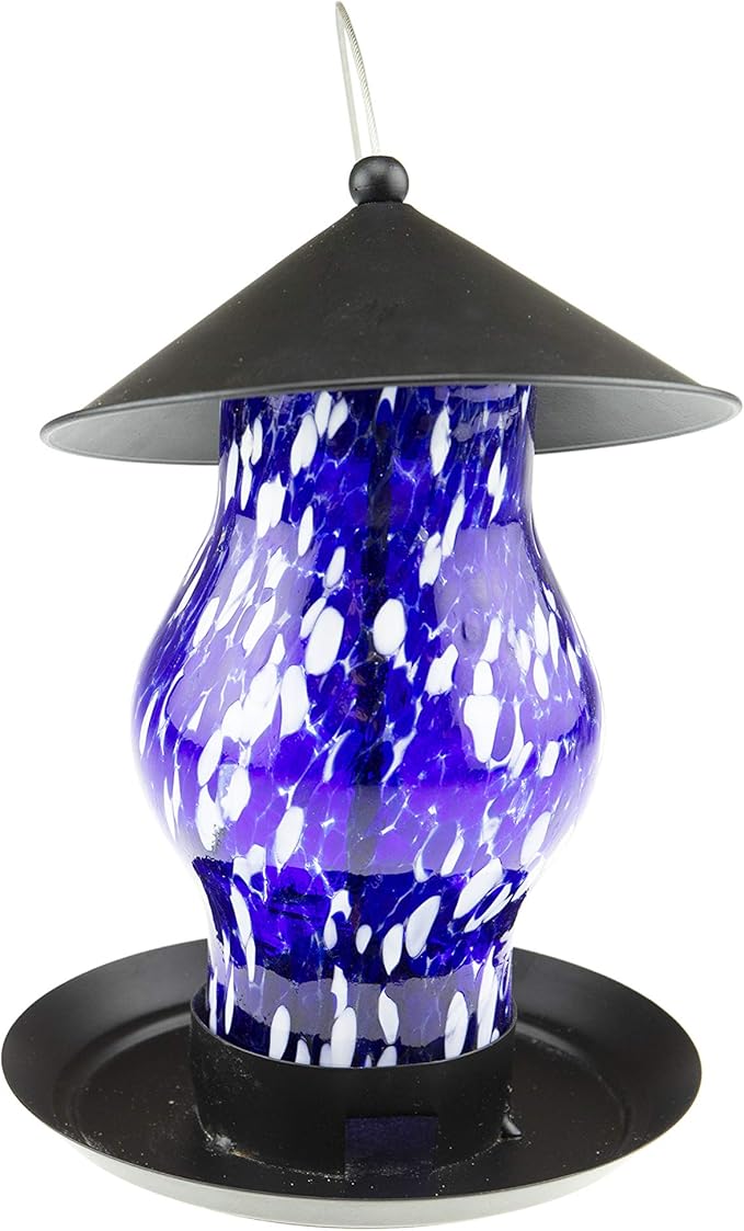 CLEVER GARDEN Glass Bird Feeder, Hanging Outdoor Decoration for Wild Birds, Blue Cylinder