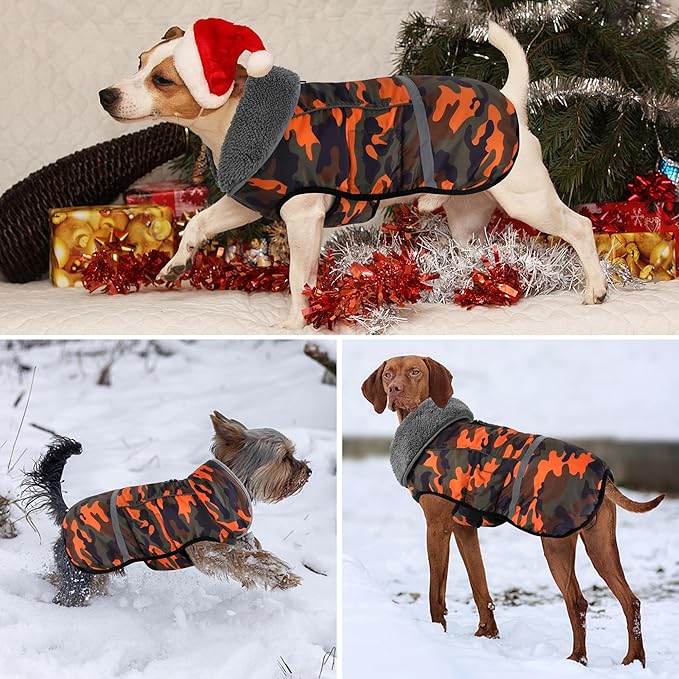 Dogcheer Warm Dog Coat, Waterproof Dog Jacket Christmas Puppy Winter Coat with Buckle, Reflective Adjustable Pet Snow Jacket Turtleneck Fleece Sweater for Small Medium Large Dogs - Orange Camo, L