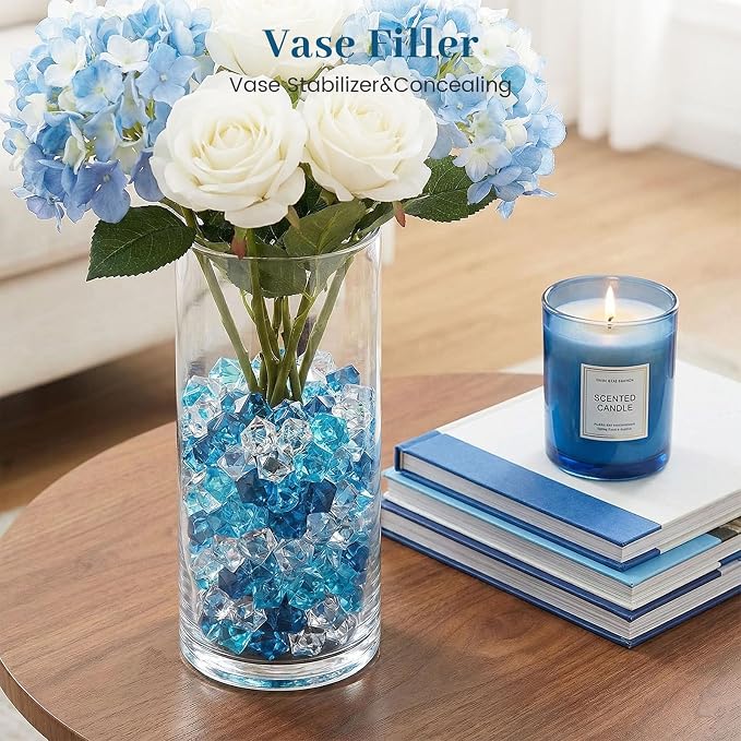 DomeStar 150 PCS Assorted Blue Fake Ice Rocks for Vase Fillers | Acrylic Crystals Gems Aquarium Gravels Small Rocks for Fish Tanks Decorations, Ocean Decor