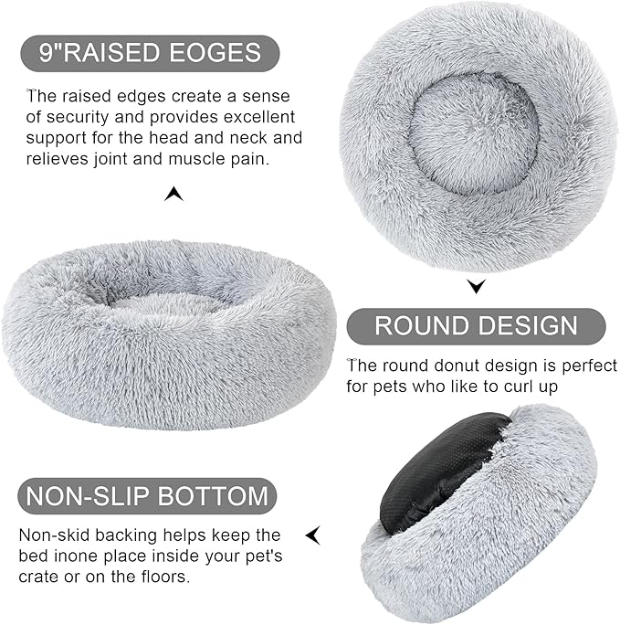 Dog Calming Beds for Small Medium Dogs - Round Donut Washable Dog Bed, Anti-Slip Faux Fur Fluffy Donut Cuddler Anxiety Cat Bed(16" Light Grey)