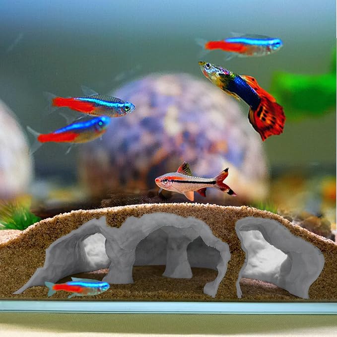 Aquarium Cave Tunnel Hideout - 3D Printed Fish Tank Cave Decor for Pleco | Friendly Sinking Base Shrimp/Betta Fish Hideout for Aquarium with Viewing Ports