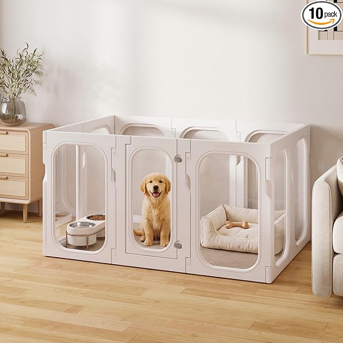 Acrylic Clear Dog Playpen Indoor with Door, 26'' H Transparent Dog Play Pen for Small Dogs, No-Connector Modular Puppy Playpen with Integrated Suction Cups Base, 10 Panels, White