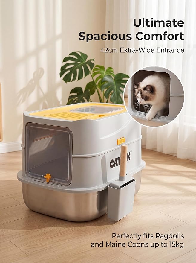 Stainless Steel Cat Litter Box with Removable Cover – Large Enclosed Litter Box with Front & Top Entry, Includes Litter Mat and Scoop for Easy Cleaning (X-Large)