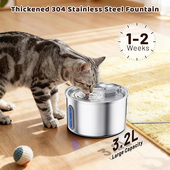 Cat Water Fountain Stainless Steel, 3.2L/108oz Pet Fountains for Drinking with Smart Quiet Pump and Large Water Level Window, Easy-to-Clean Automatic Pet Water Dispenser for Indoor Use