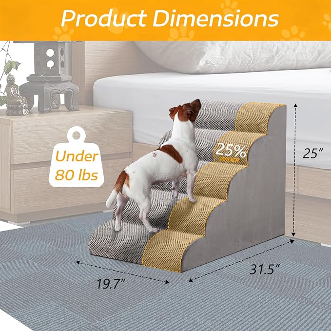 25" H Dog Stairs for Small and Medium Dogs 5-Step Ramps for High Beds and Couch Non-Slip Extra Wide Pet Stairs for Old Dogs and Puppy and Cat - Stable & Durable with Machine Washable Cover Indoor