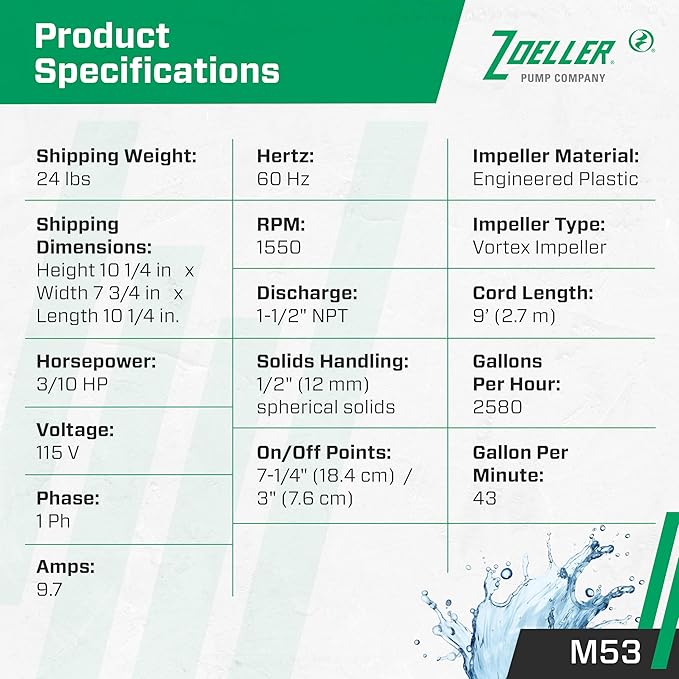 Zoeller M53 Mighty-mate Submersible Sump Pump, 1/3 Hp
