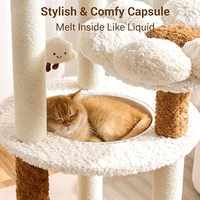 Modern Cat Tree Tower with Scratching Post for Indoor Cats Up tp 12lbs, 50.5" Tall Cat Tree with Flower/Fluffy Cat Beds, Acrylic Capsule, Multi-Level Platforms & Interactive Toy, White & Brown