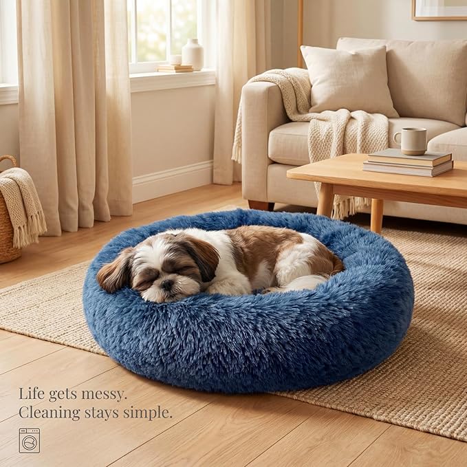 Calming Donut Dogs Beds for Small Dogs Washable,23inch Plush Round Pet Bed for Cozy Sleep,Fluffy Faux Fur Large Cat Bed,Fits up to 25 lbs Pets,Navy Blue