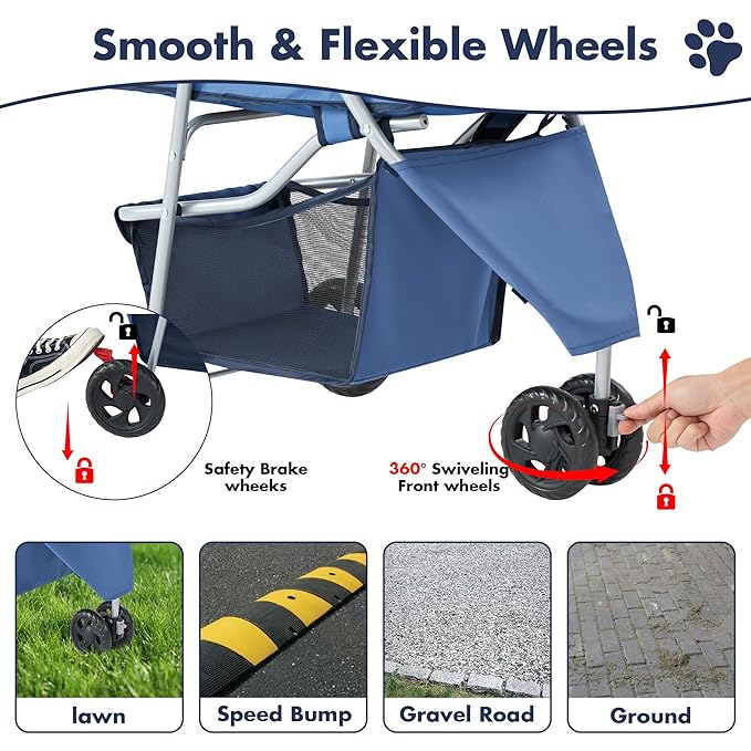 Smug 3 Wheels Pet Stroller, Dog and Cat Strollers with Storage Basket and Cup Holder, Lightweight Travel Carrier, Breathable, Waterproof and Foldable for Small Pets Outdoor Walk, Blue