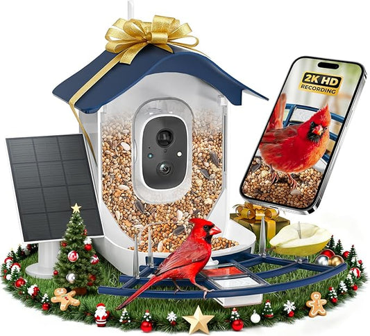 Smart Bird Feeder with Camera, 2K HD AI Identify Birds Species, Bi rd Watching Camera with Solar Panel, Instant Notifications, Ideal Present for Bird Lover, Dark Blue